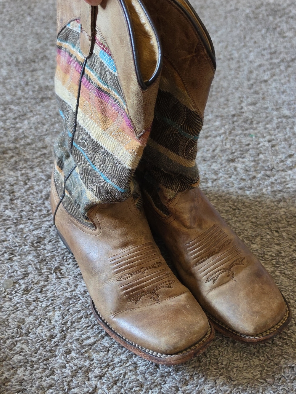Roper Woven Brown Leather Cowboy Boots with Multicolor Woven Shaft